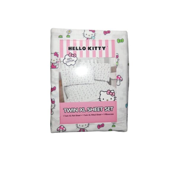Hello Kitty Twin XL Sheet Set 100% Cotton White Pink Bows NWT - Picture 1 of 4